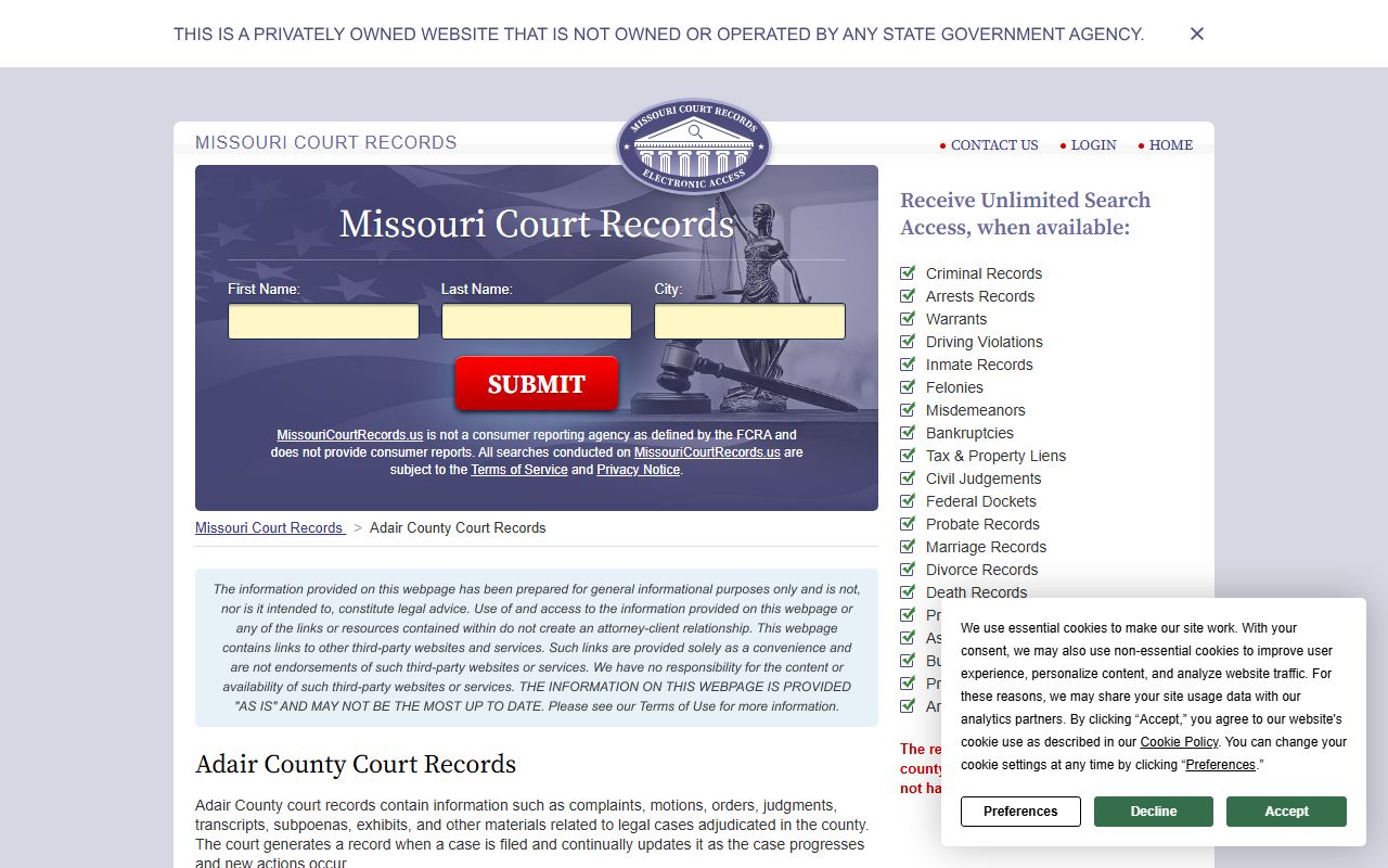 Adair County court records information for dissolution of marriage searches