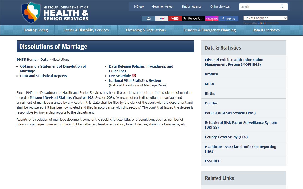Missouri DHSS dissolutions of marriage data and statistics page