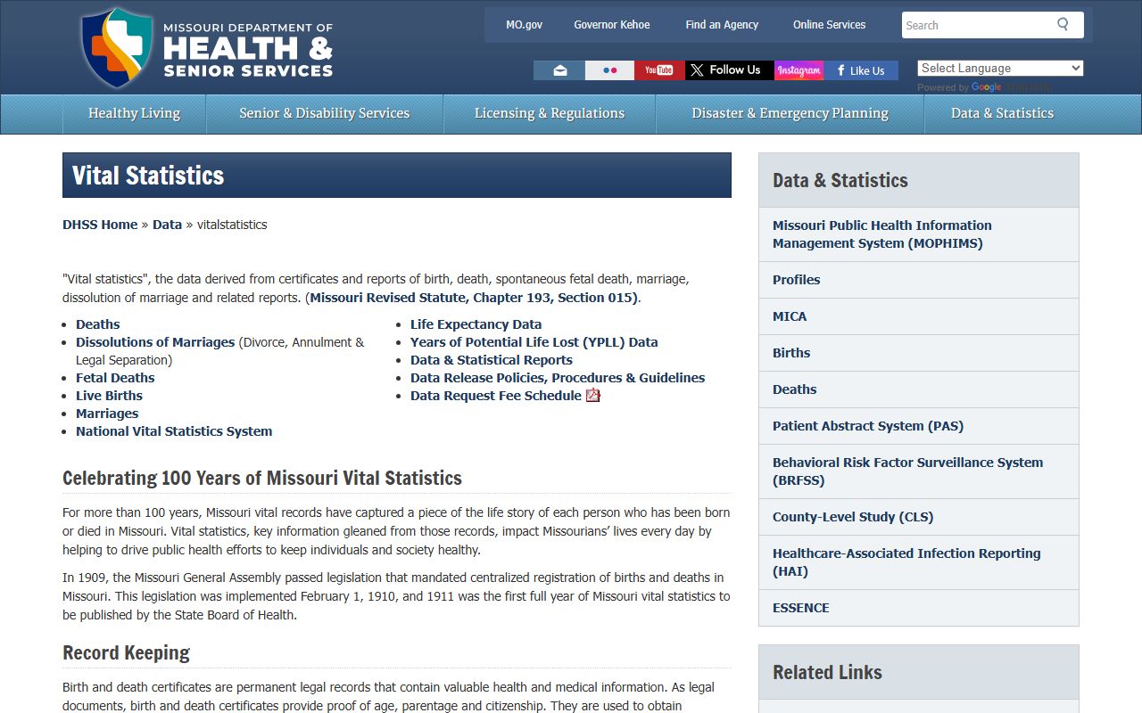 Missouri Department of Health dissolution of marriage record ordering system